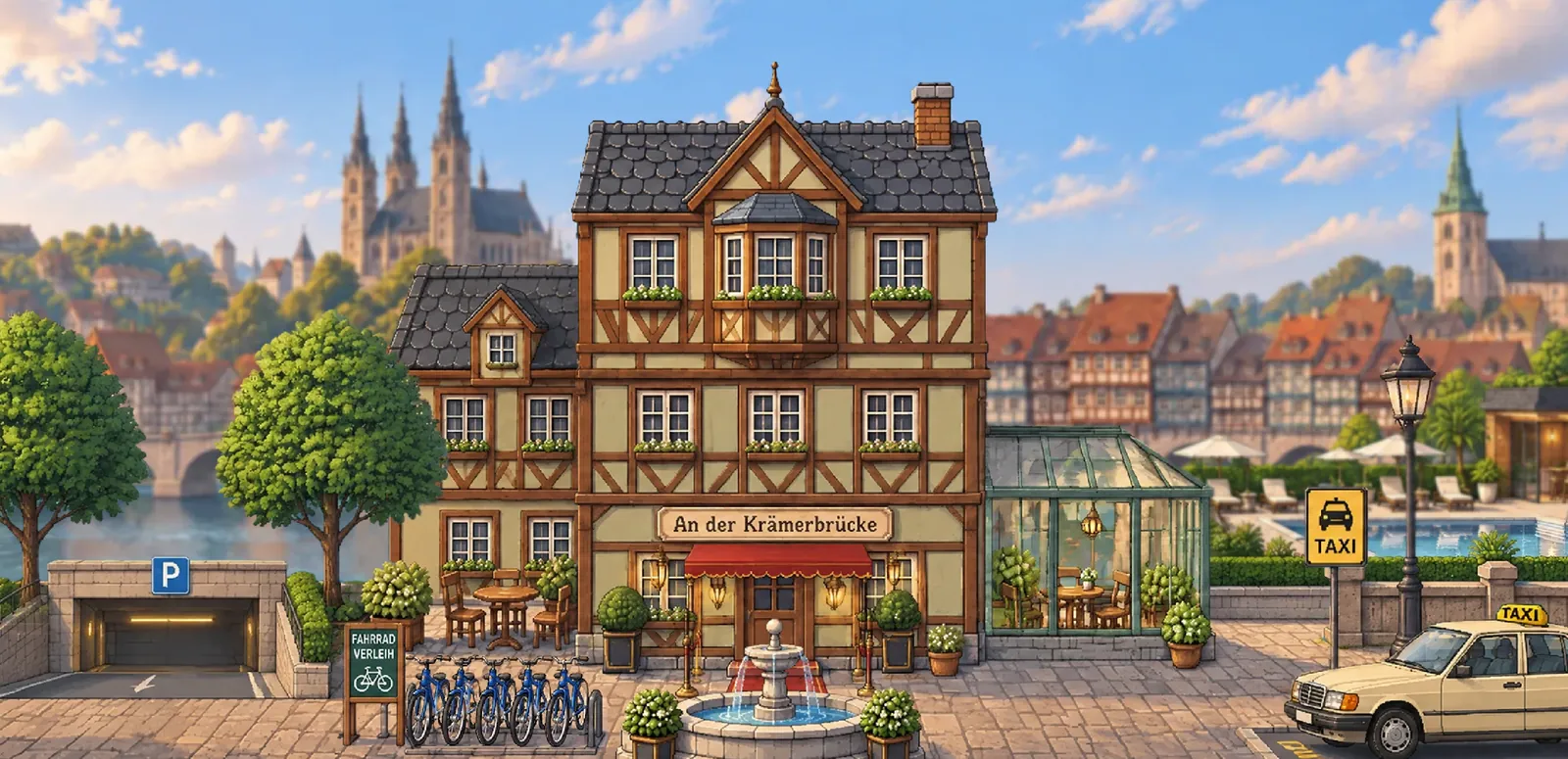 Das Hotel am Tag mit Fahrradständer, Brunnen, Tiefgarage und Taxi