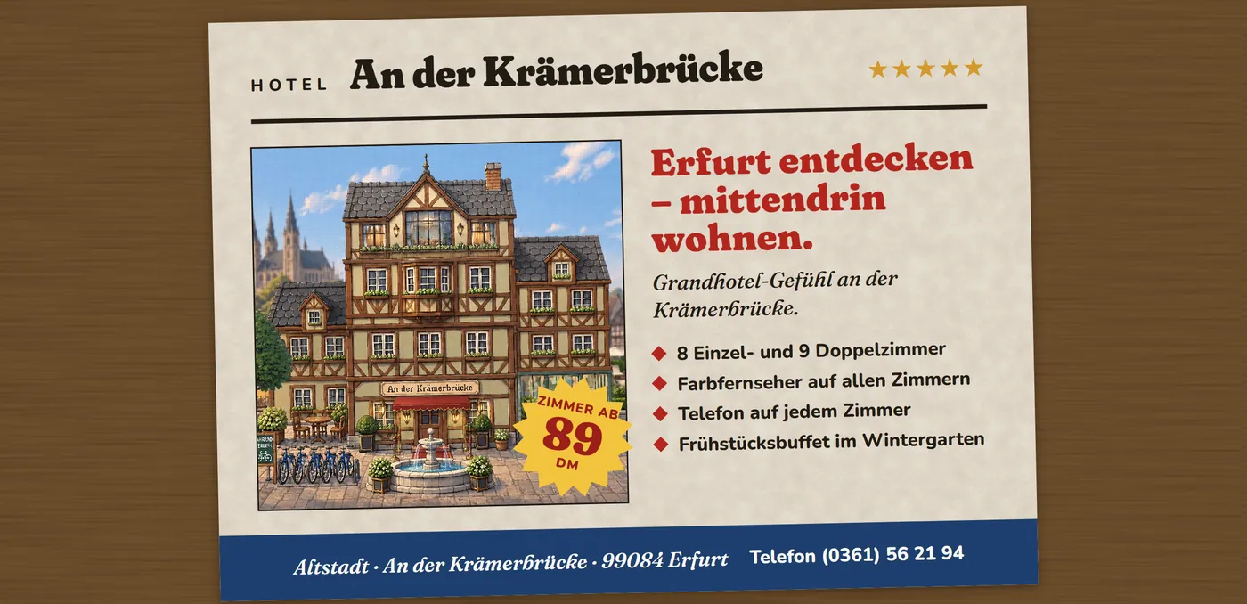 Flyer des Hotels An der Krämerbrücke: das Fachwerkhaus, „Erfurt entdecken – mittendrin wohnen.“ und Zimmer ab 89 DM