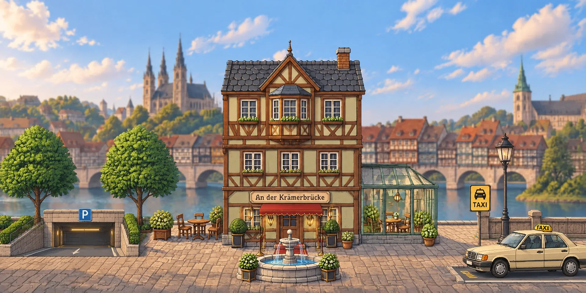 Das Haus mit Tiefgarage, Brunnen und Taxistand bei Tag