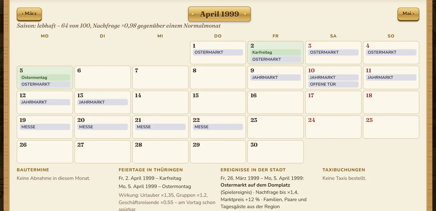 Der Tischkalender im April mit Karfreitag, Ostermontag, Ostermarkt, Jahrmarkt und Messe