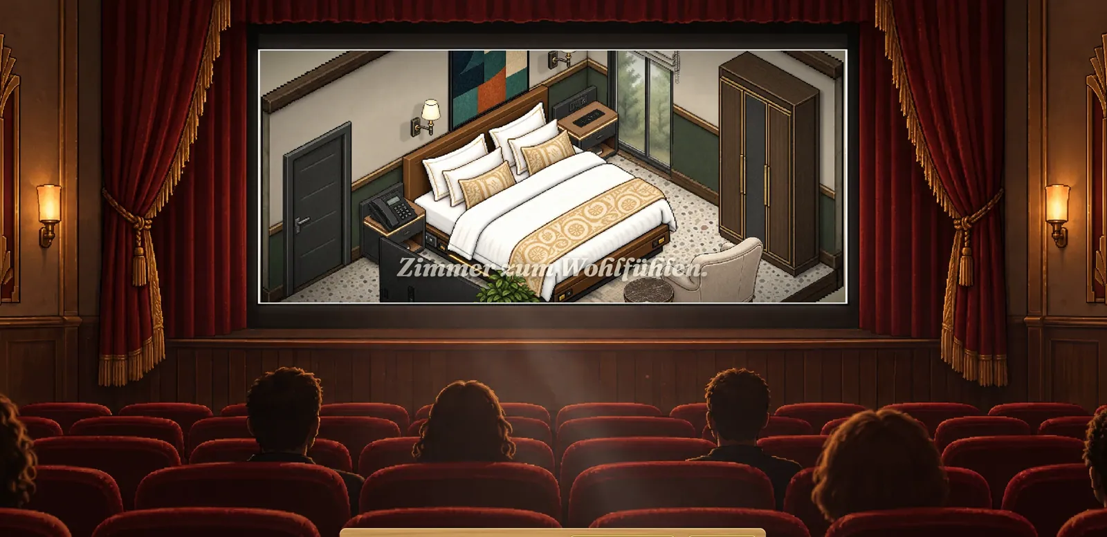 Kinospot im Saal: das Doppelzimmer auf der Leinwand, davor das Publikum