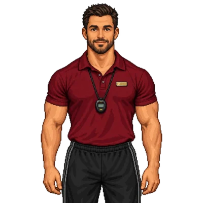Marco Hähnel, muskulös, im roten Poloshirt mit Pfeife